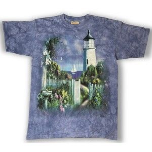 Vintage Mens The Mountain 2002 Ocean Garden Lighthouse Boat Bird T-Shirt LARGE